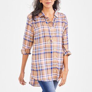 Style & Co Payton Plaid Long-Sleeve Boyfriend Tunic - Plaid Gold NWT